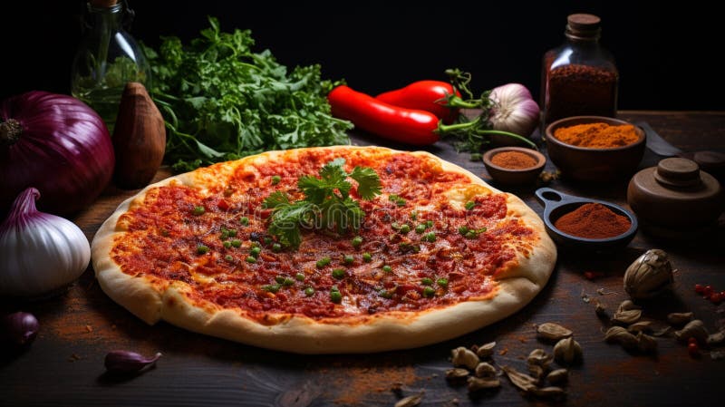 Una picante pizza de harissa su corteza adornada con fiery harissa salsa pimiento de pollo asado libre illustration