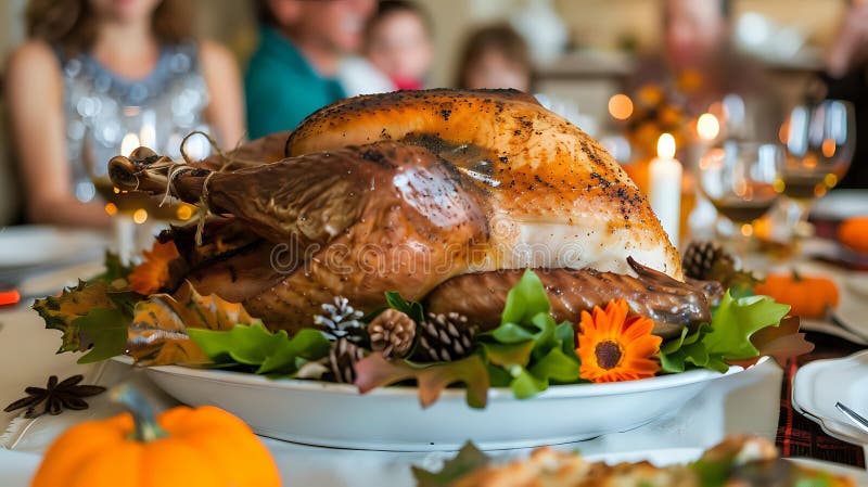 Una pieza central de pavo asada sobre una mesa de fiesta rodeada de una decoración de temporada ilustración del vector