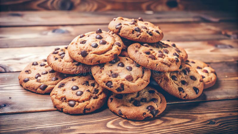 Una pila di biscotti al cioccolato appena cotti disposti su un tavolo di legno rustico. aizione generativa illustrazione di stock