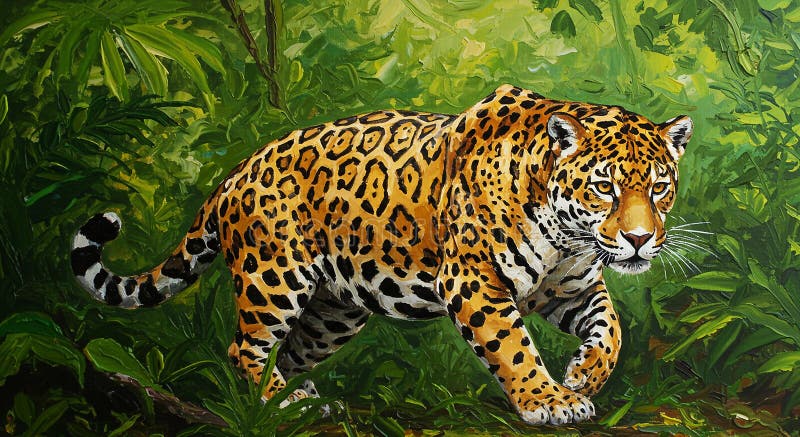 Una pintura de un jaguar que merodea por una densa jungla. stock de ilustración