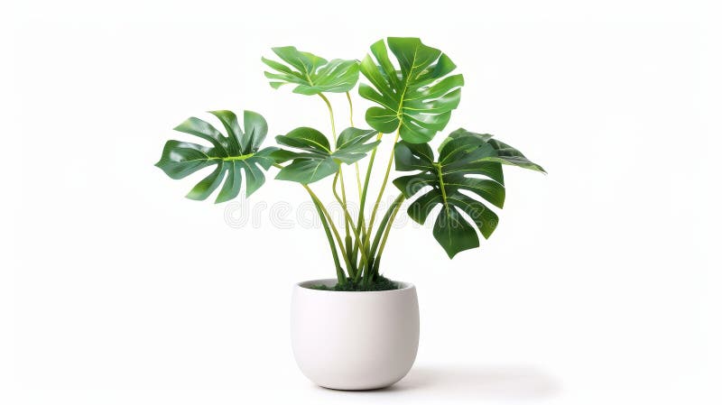 A decorative monstera plant is planted in a white ceramic pot isolated against a white background.. AI generated. A decorative monstera plant is planted in a white ceramic pot isolated against a white background.. AI generated