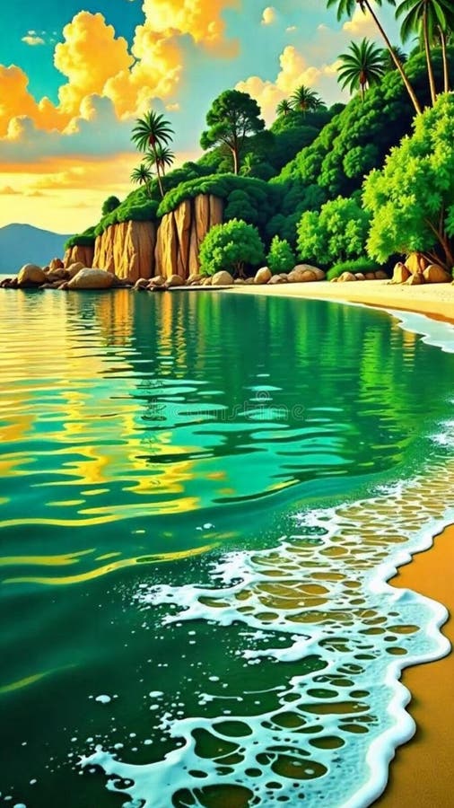 Una playa animada con agua verde y arena dorada ilustración del vector