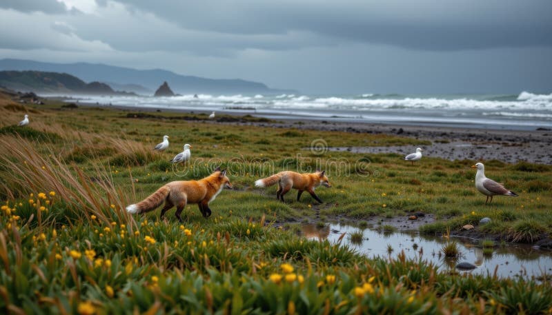 Una pradera costera lluviosa donde los zorros persiguen gaviotas cerca de las piscinas de marea como corteza a lo lejos ilustración del vector