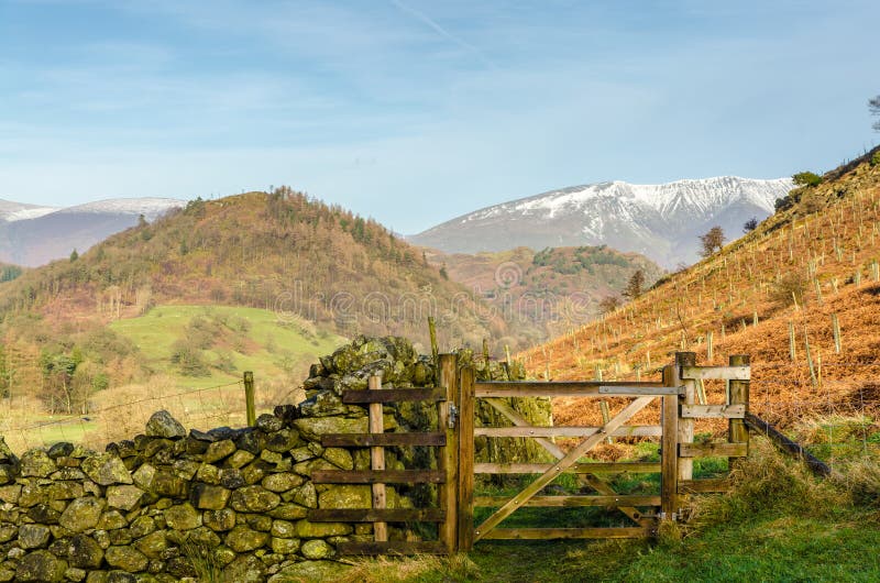 Una puerta de madera en una ladera en el distrito inglés del lago con Blencathra en el fondo imágenes de archivo libres de regalías Una puerta de madera en una ladera en el distrito inglés del lago con Blencathra en el fondo imágenes de archivo libres de regalías
