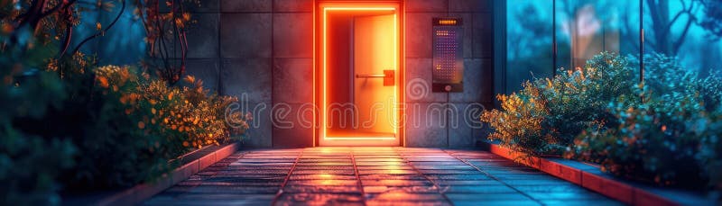 Una puerta roja brillante ilumina un camino tenue y plantado en un misterioso entorno urbano al atardecer stock de ilustración