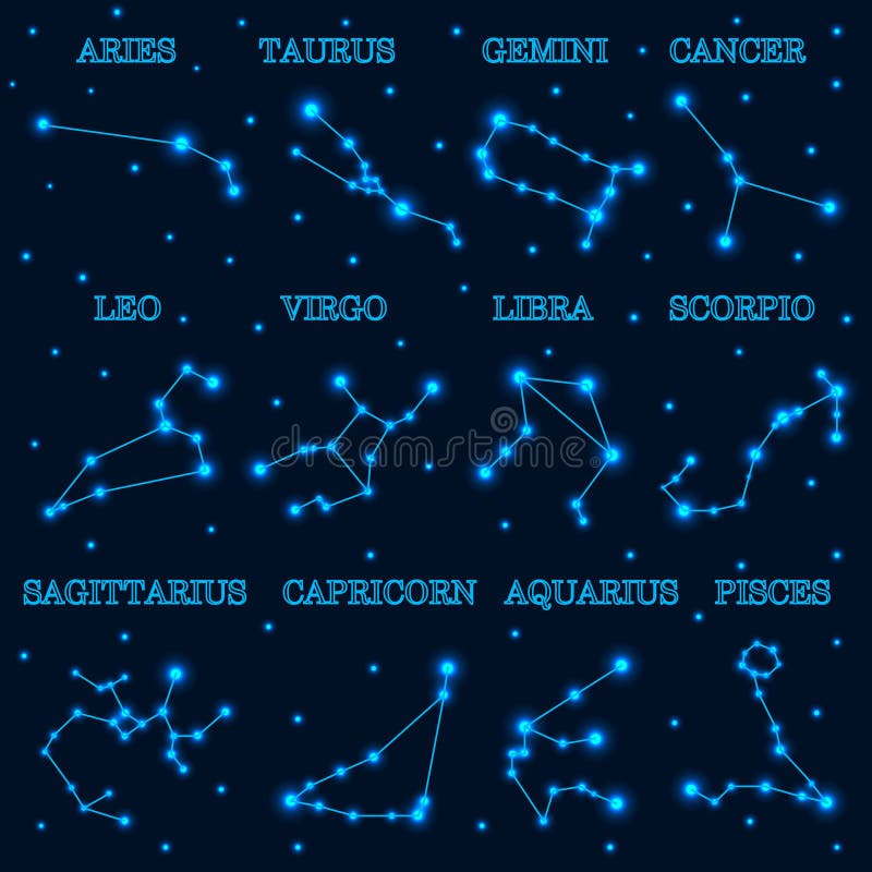 Una raccolta di 12 costellazioni dello zodiaco sul fondo delle stelle e dello spazio illustrazione di stock Una raccolta di 12 costellazioni dello zodiaco sul fondo delle stelle e dello spazio illustrazione di stock