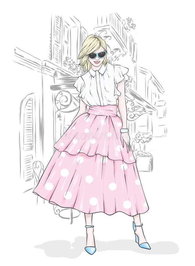 Una ragazza alta e snella in una gonna del Midi, una blusa, scarpe a tacco alto e una frizione Illustrazione di vettore Vestiti e illustrazione vettoriale Una ragazza alta e snella in una gonna del Midi, una blusa, scarpe a tacco alto e una frizione Illustrazione di vettore Vestiti e illustrazione vettoriale