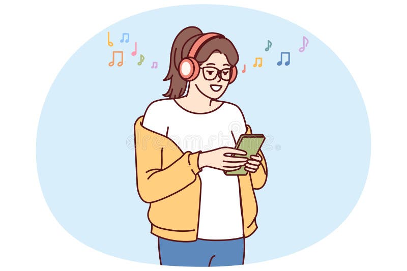 Una ragazza ascolta musica sulle cuffie e tiene il telefono con un'applicazione per selezionare il brano dalla playlist royalty illustrazione gratis