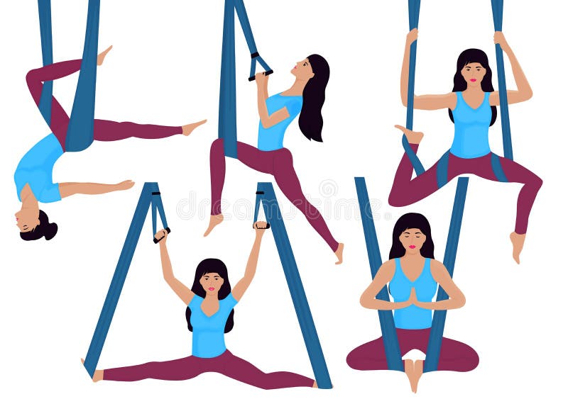 Una ragazza che fa gli esercizi aerei di yoga in un'amaca Insieme dei asanas differenti royalty illustrazione gratis Una ragazza che fa gli esercizi aerei di yoga in un'amaca Insieme dei asanas differenti royalty illustrazione gratis