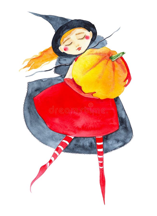 Una ragazza favolosa con un vestito rosso e delle calze a strisce, un mantello nero e un berretto, con una zucca in mano, che bal fotografie stock libere da diritti Una ragazza favolosa con un vestito rosso e delle calze a strisce, un mantello nero e un berretto, con una zucca in mano, che bal fotografie stock libere da diritti