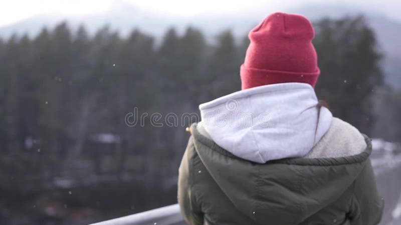 Una ragazza sta in un rivestimento ed in un cappello sul ponte e prende una foto, durante precipitazioni nevose movimento lento, stock footage Una ragazza sta in un rivestimento ed in un cappello sul ponte e prende una foto, durante precipitazioni nevose movimento lento, stock footage