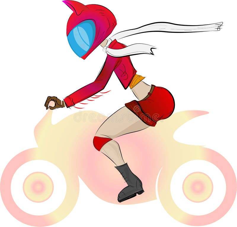 Una ragazza, un motociclista in un rivestimento rosso e shertas, indossanti un casco con le orecchie e portanti una sciarpa bianc illustrazione di stock Una ragazza, un motociclista in un rivestimento rosso e shertas, indossanti un casco con le orecchie e portanti una sciarpa bianc illustrazione di stock
