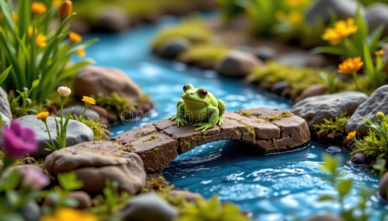 Una rana che costruisce un ponte in miniatura su un flusso di feltro ai ha generato un'illustrazione digitale in stile arte di fel royalty illustrazione gratis
