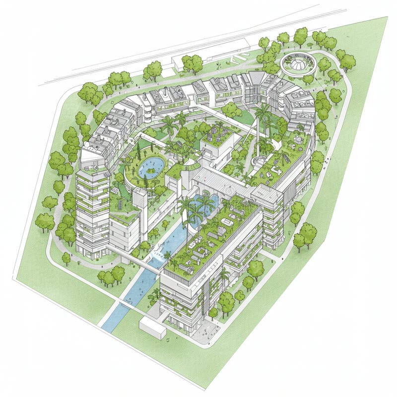 Una representación arquitectónica isométrica representa un complejo urbano moderno con múltiples libre illustration