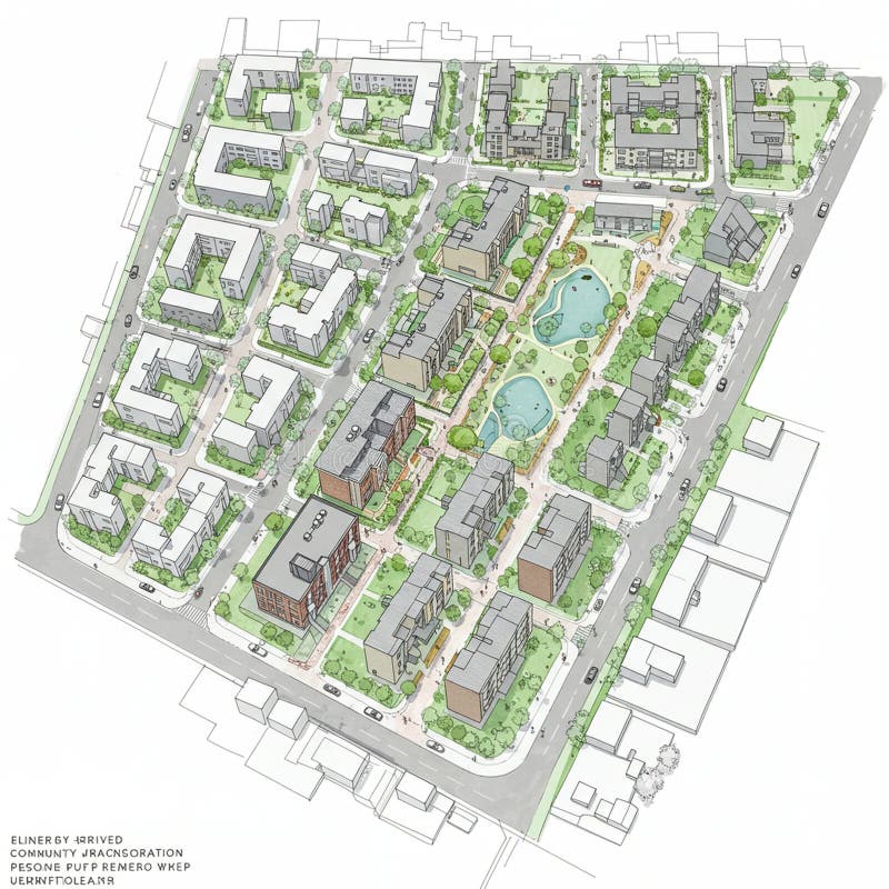 Una representación arquitectónica urbana representa un diseño comunitario planificado con stock de ilustración
