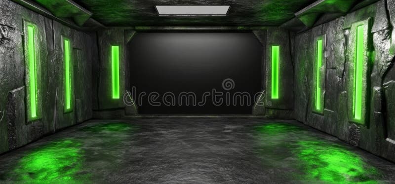 Una representación 3D oscura representa un ambiente de cifi futurista con elementos de hormigón y de grunge en el pasillo del gara ilustración del vector