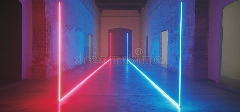 Una representación 3D realista representa un túnel de nave espacial futurista con luces brillantes líneas láser azul neón y cifi ilustración del vector