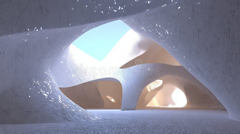 Una representación 3D representa una arquitectura abstracta futurista con un suelo de hormigón vacío que sirve de telón de fondo p stock de ilustración
