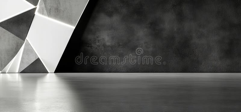 Una representación 3D representa una habitación futurista con suelo de hormigón con un triángulo de luces de neón blanco que brill libre illustration