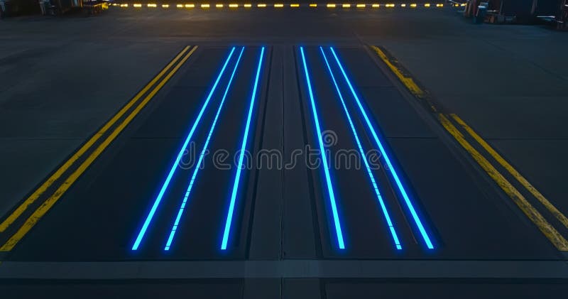 Una representación 3D representa un garaje vacío oscuro con suelo y techo de hormigón iluminado por un soporte de cifi futurista stock de ilustración