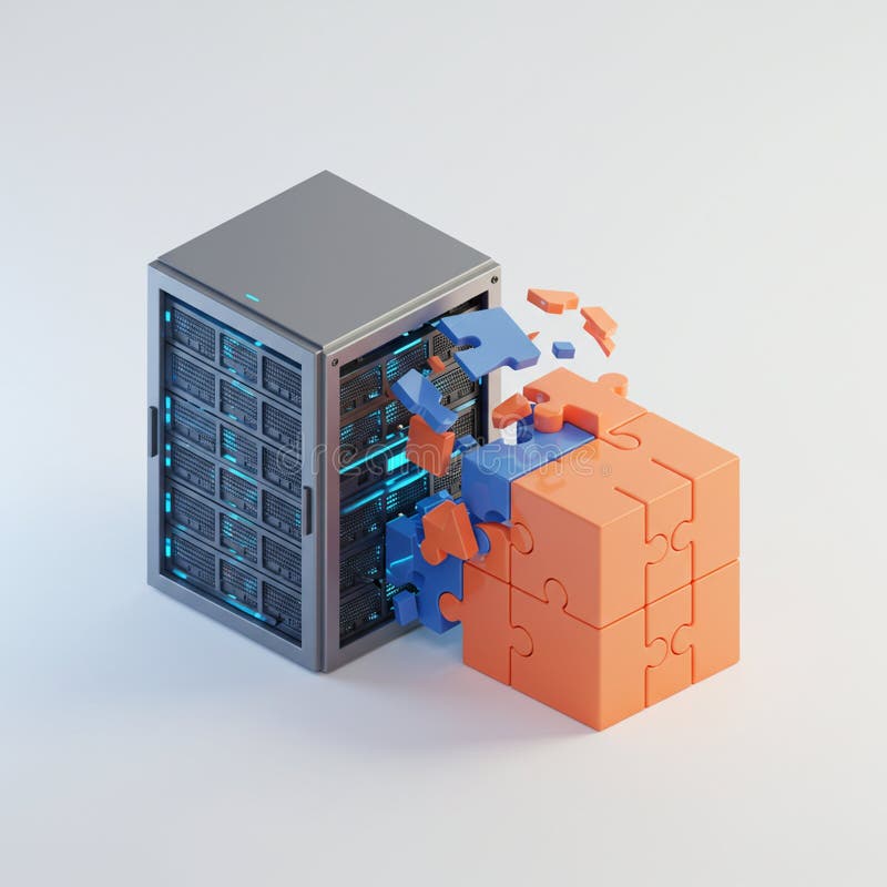 Una representación 3D representa un rack de servidor con luces LED azules brillantes. Adyacente al servidor ilustración del vector