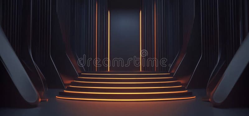 Una representación 3D representa un rectángulo futurista cibermoderno neoniluminado con rayas metálicas azules y anaranjadas contr libre illustration