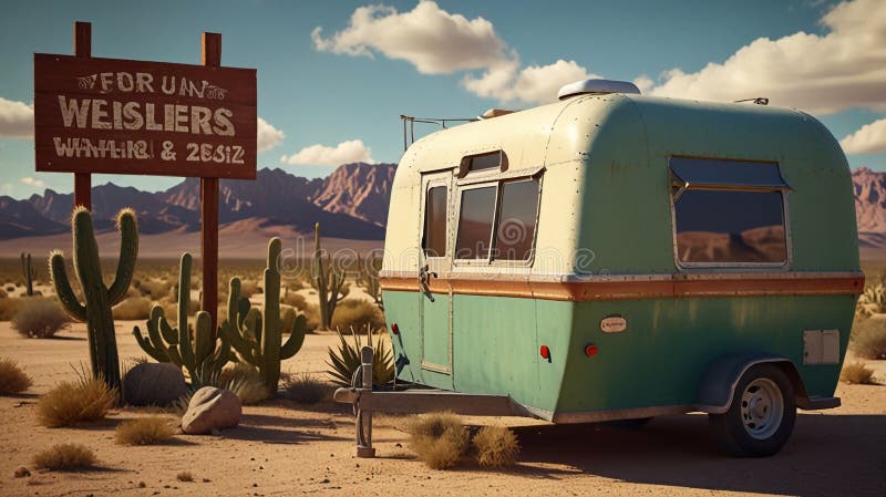 Una representación de dibujos animados 3d representa un remolque vintage posicionado en el desierto stock de ilustración