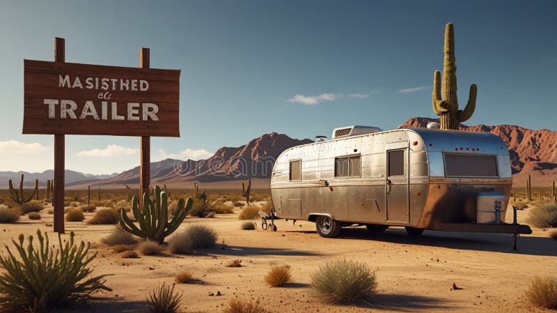 Una representación de dibujos animados 3d representa un remolque vintage posicionado en el desierto libre illustration