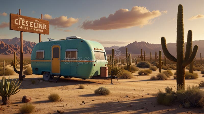 Una representación de dibujos animados 3d representa un remolque vintage posicionado en el desierto ilustración del vector