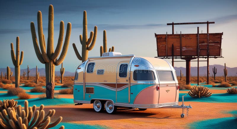 Una representación de dibujos animados 3d representa un remolque vintage posicionado en el desierto stock de ilustración