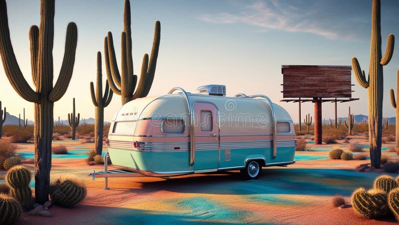 Una representación de dibujos animados 3d representa un remolque vintage posicionado en el desierto ilustración del vector
