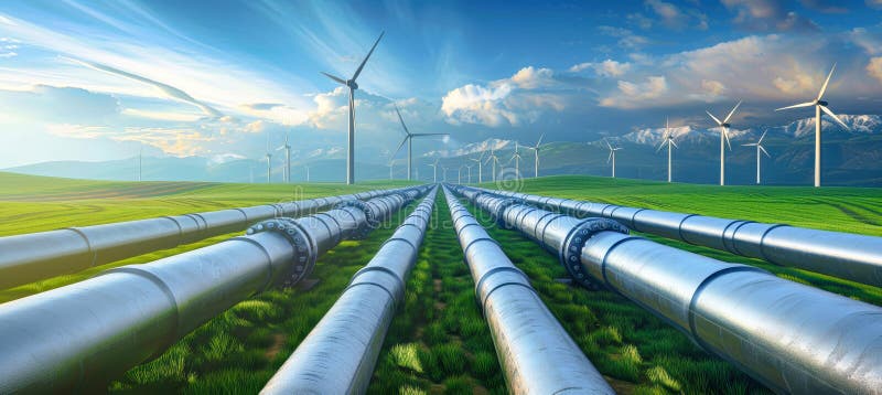 Una representación digital representa un campo de turbinas eólicas bajo un cielo azul claro con múltiples tuberías convergiendo en libre illustration