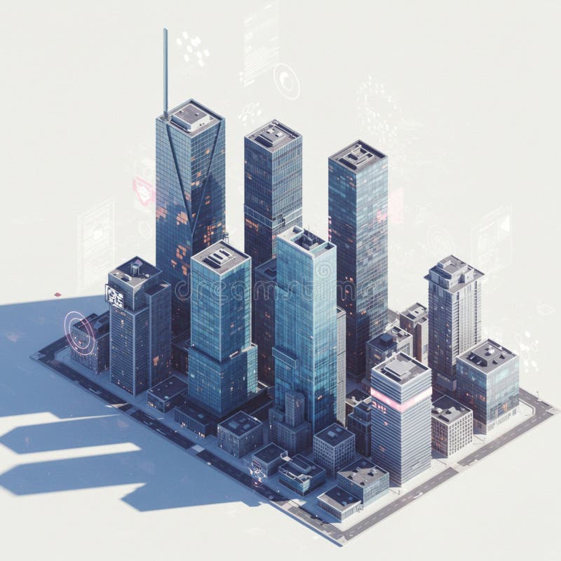 Una representación isométrica 3D representa un bloque de ciudad futurista con muchos altos libre illustration