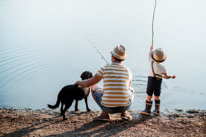 Una retrovisione del padre con un piccoli figlio e cane del bambino all'aperto che pescano da un lago immagini stock libere da diritti Una retrovisione del padre con un piccoli figlio e cane del bambino all'aperto che pescano da un lago immagini stock libere da diritti