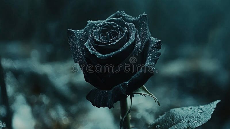 Una Rosa Nera Con Goccioline D'Acqua Su Pietre In Ambienti Di Oscurità illustrazione vettoriale