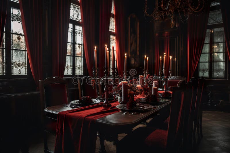 Una sala da pranzo con un lungo tavolo e tende rosse. immagine generativa ai. illustrazione vettoriale