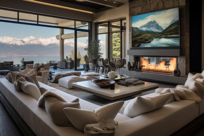 Una sala da soggiorno con mobili di design una tv a schermo piatto e un caminetto aperto royalty illustrazione gratis
