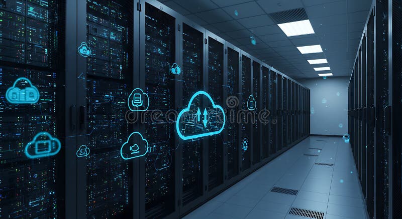 Una sala de servidores de un centro de datos llena de altos racks de servidores negros con numerosos ilustración del vector