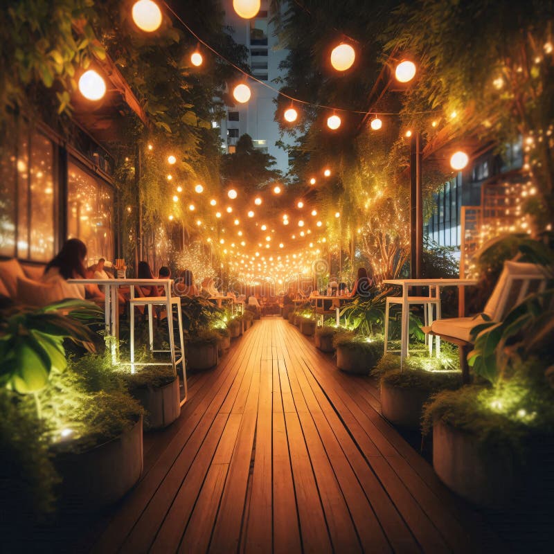 Una sala exterior muy bien iluminada, decorada con un tendedero y rodeado de exuberante vegetación y acogedores asientos ilustración del vector