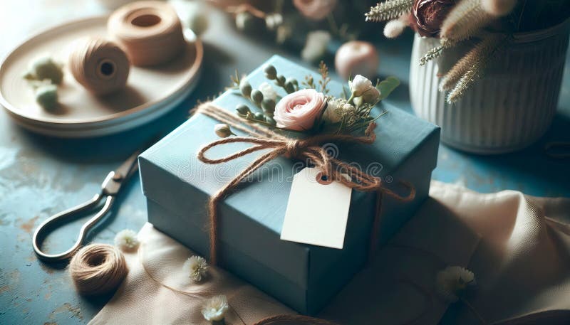 Una scatola blu con un'etichetta bianca è seduta su una tabella con altri elementi. la scatola è decorata con fiori e nastri che le danno un aspetto festivo e celebrativo