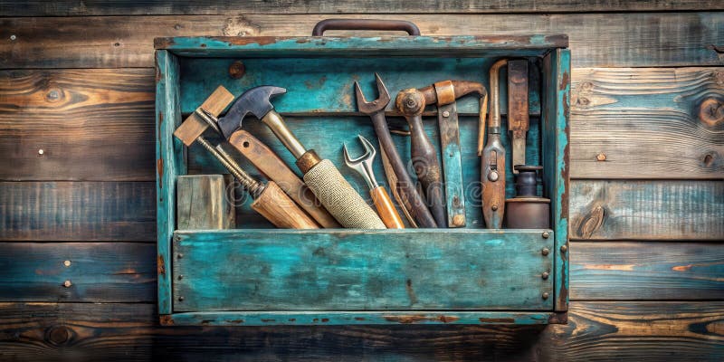 Una scatola di utensili metallici spruzzata di utensili antichi poggia su uno sfondo di legno rustico che mostra l'essenza dell'ar illustrazione vettoriale