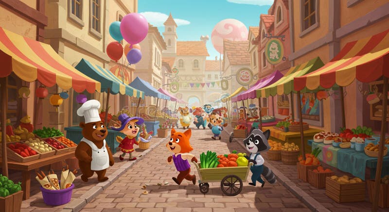 Una scena bizzarra del mercato stradale mostra animali e umani che si dedicano a royalty illustrazione gratis