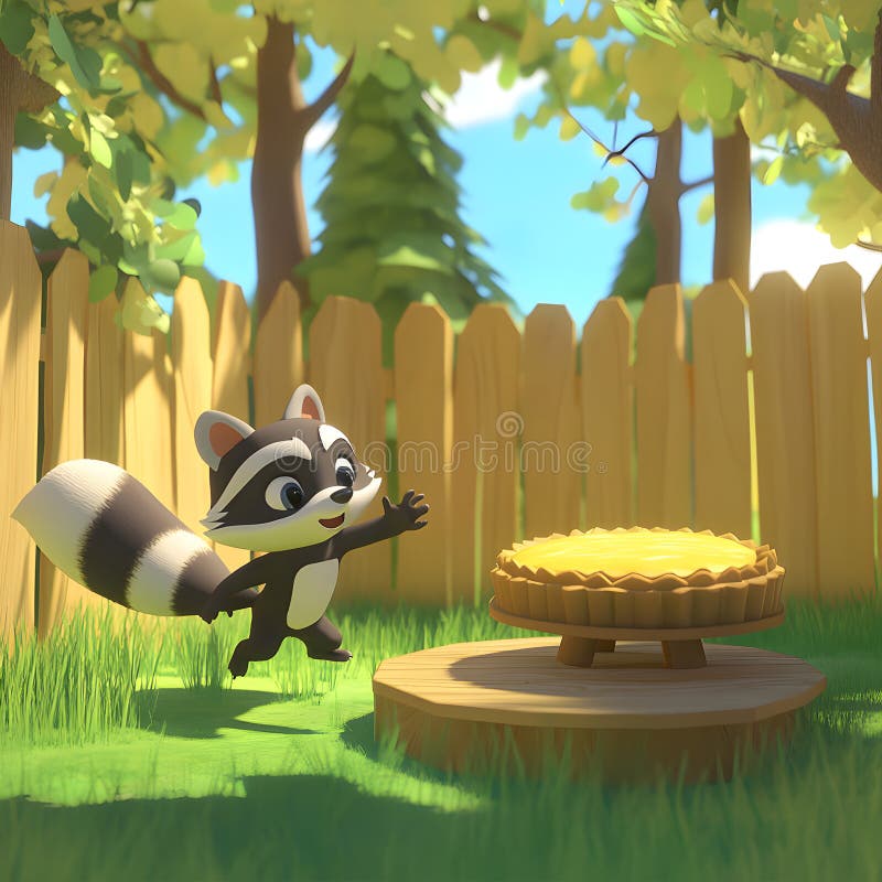 Una scena creata in digitale con un procione animato che si avvicina a una torta su una piattaforma di legno. illustrazione vettoriale