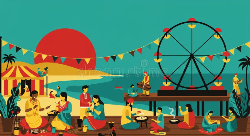 Una scena del carnevale sulla spiaggia di Sunset che presenta un bunker colorato sulle ruote delle Ferris e delle persone illustrazione di stock