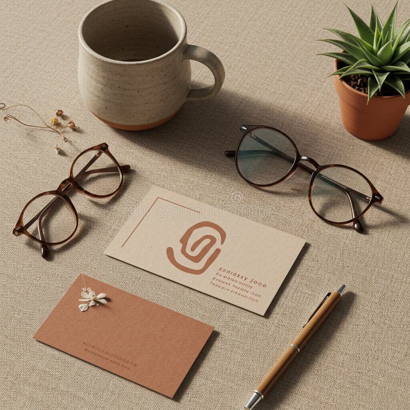 Una scena desktop con sfondo di struttura beige. Gli elementi includono un arrotondamento di mug in ceramica illustrazione di stock