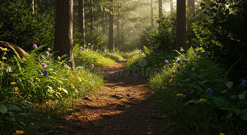 Una scena di legno sereno con un sentiero di terra stretto che passa attraverso un illustrazione di stock