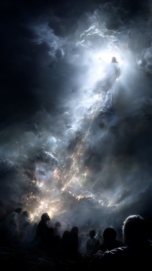 Una scena drammatica raffigura una figura divina avvolta da nuvole luminose eteree illustrazione vettoriale