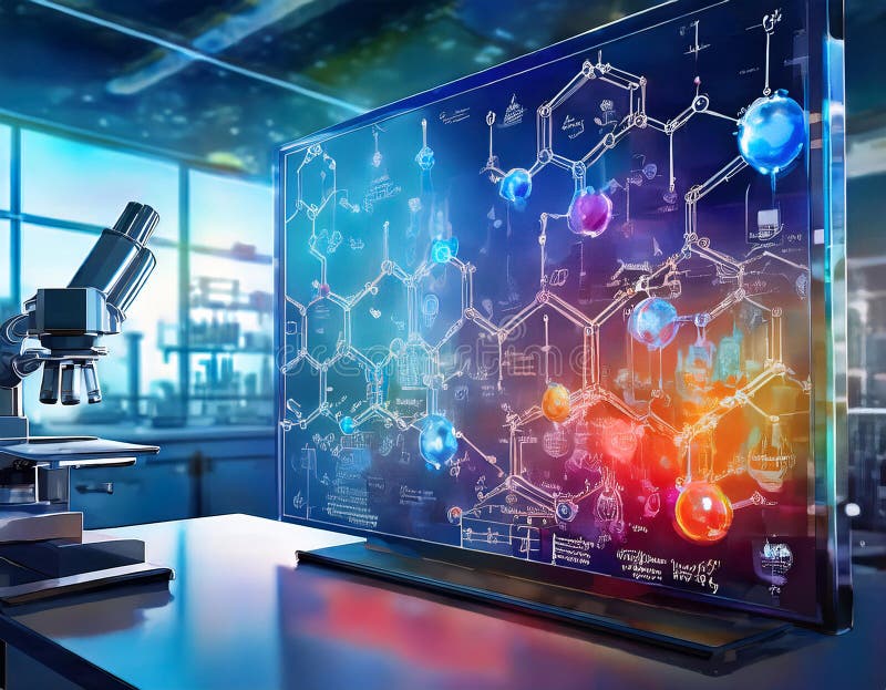 Una scena futuristica di laboratorio con microscopio e un ampio display trasparente che mostra una struttura molecolare complessa royalty illustrazione gratis