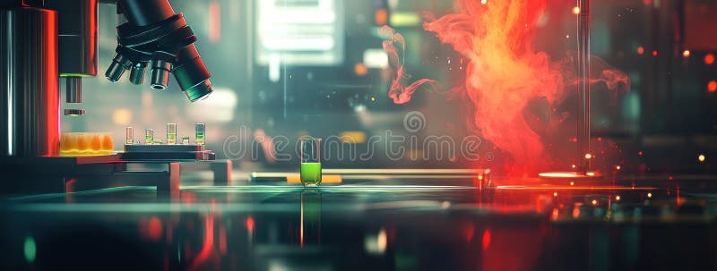 Una scena futuristica di laboratorio con microscopio liquido luminoso e vapore misterioso royalty illustrazione gratis