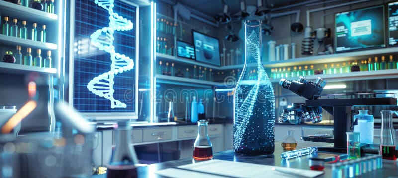 Una scena futuristica di laboratorio con una molecola di dna brillante in un matraccio osservato da un microscopio che punta a un illustrazione vettoriale